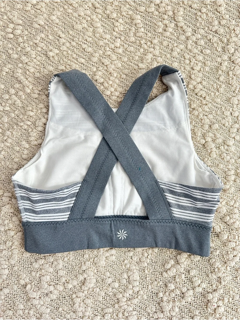 Athleta High Neck Criss Cross Sports Bra Small Grey White Stripe Activewear S